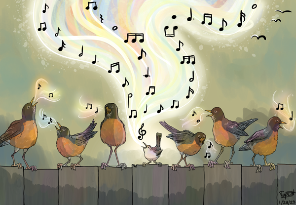 Ganador del 1er lugar Teen Art Contest 2023 pájaros en una valla cantando