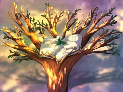 Tree with book in branches 2nd place winner 2024 Teen Art Contest
