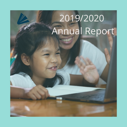 2019/2020 Annual report; woman and child looking at laptop