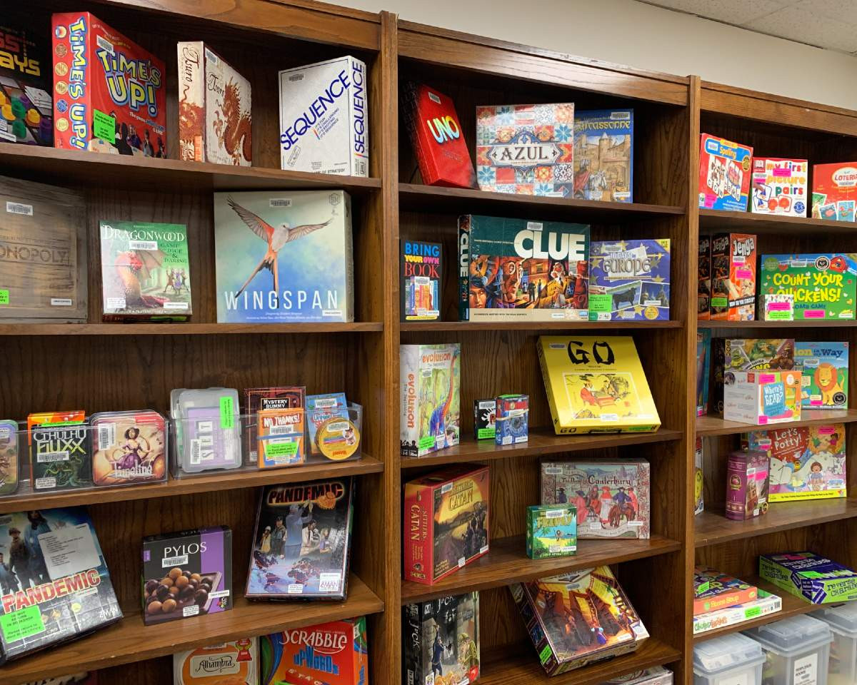 board games displayed on shelves