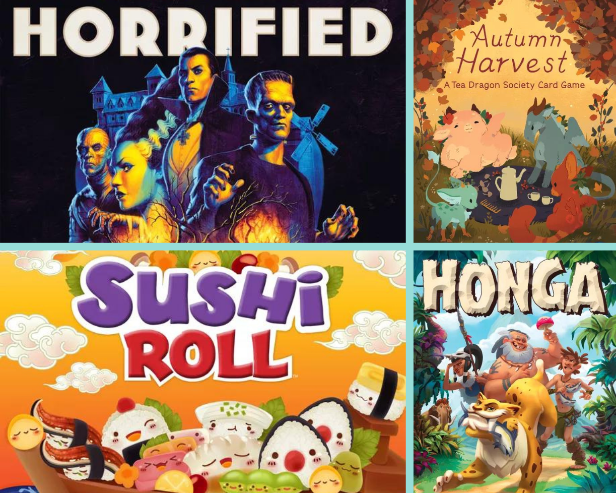 board games: Horrified, Autumn Harvest, Sushi Roll and Honga