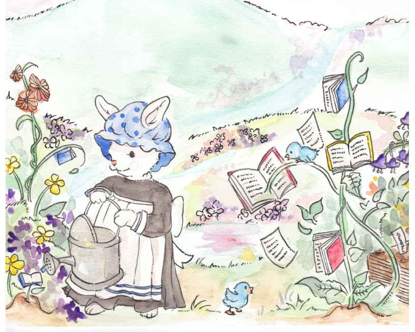 Artwork of bunny watering book plants by Waverly the first place winner 2024 Teen Art Contest