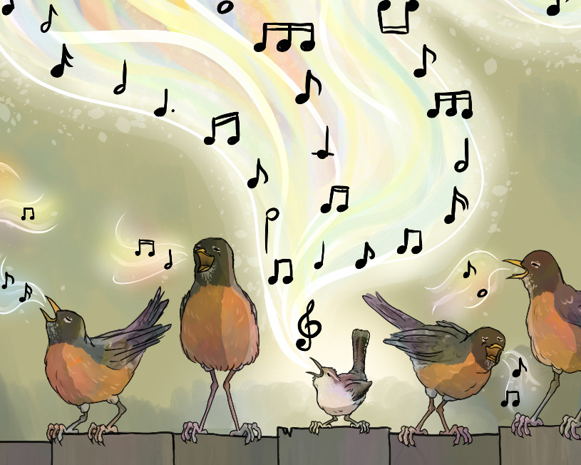 Ilustración de pájaros cantando en una valla