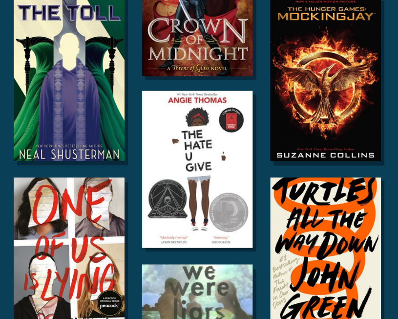 Collage de portadas de libros con novelas populares para adultos jóvenes