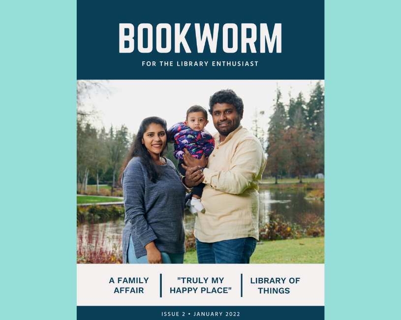 Portada de la revista Bookworm con una familia parada afuera frente a un estanque