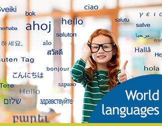 Girl in glasses with language word cloud background