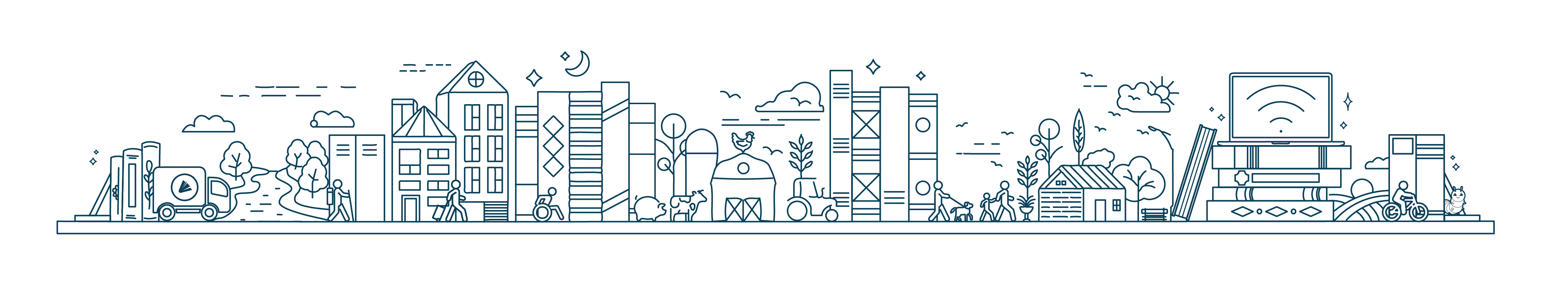 line graphic of community skyline with books as buildings and various people doing different activities