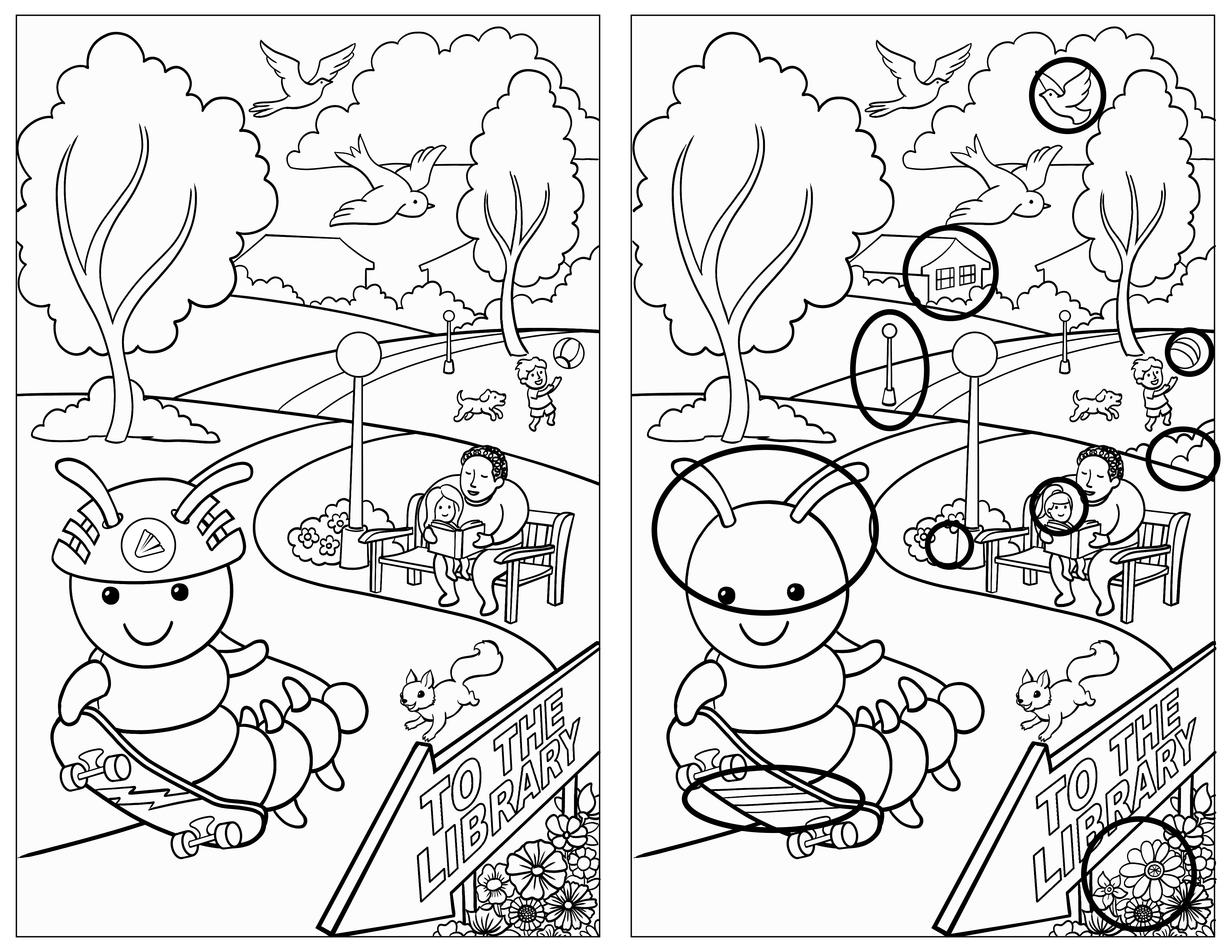graphic of "find the differences" puzzle with differences marked with circles on the left side