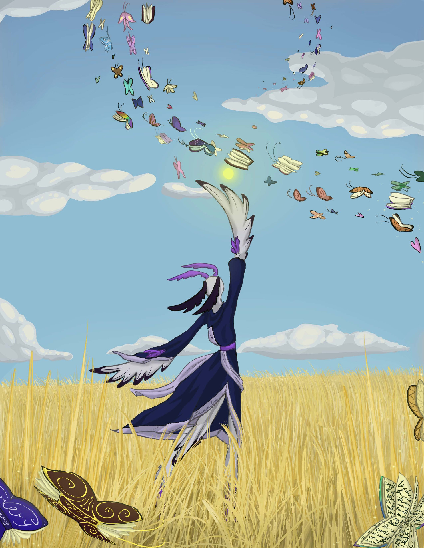 Art showing a person standing in a field with butterflies fluttering around in the sky