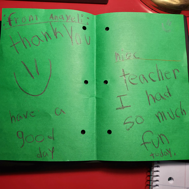 A handwritten thank you card from a child to a teacher