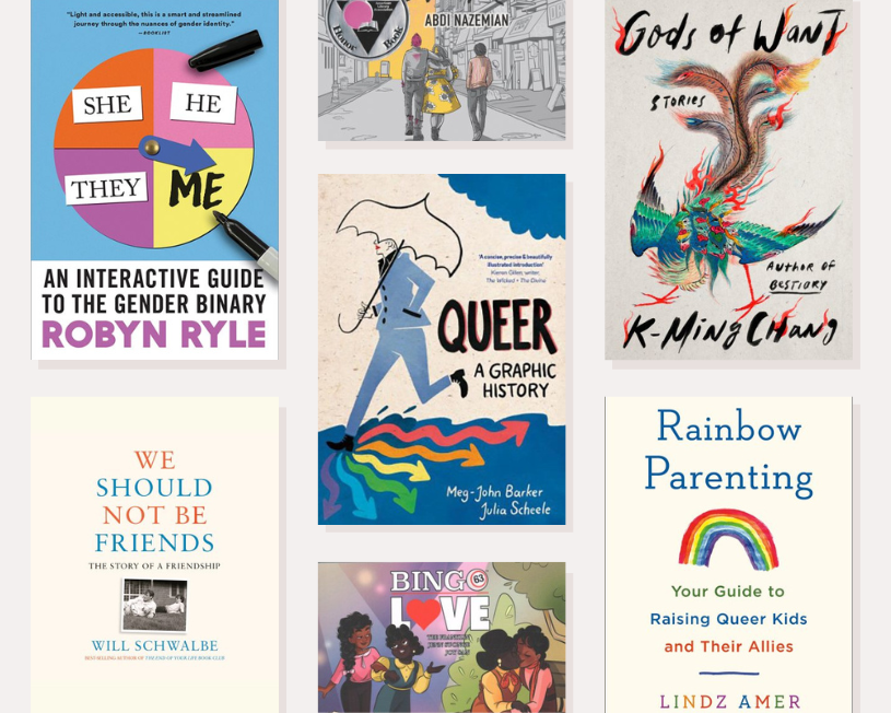 Collage de portadas de libros celebrando el Mes del Orgullo