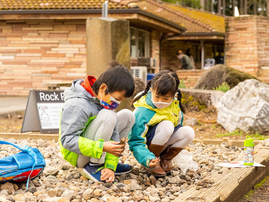 Niños explorando rocas fuera de un museo