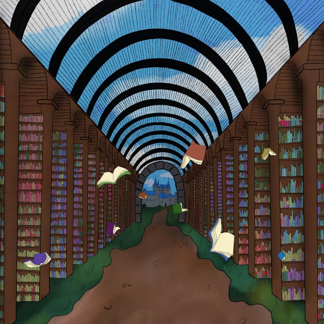 Arte que muestra libros volando debajo de una biblioteca arqueada