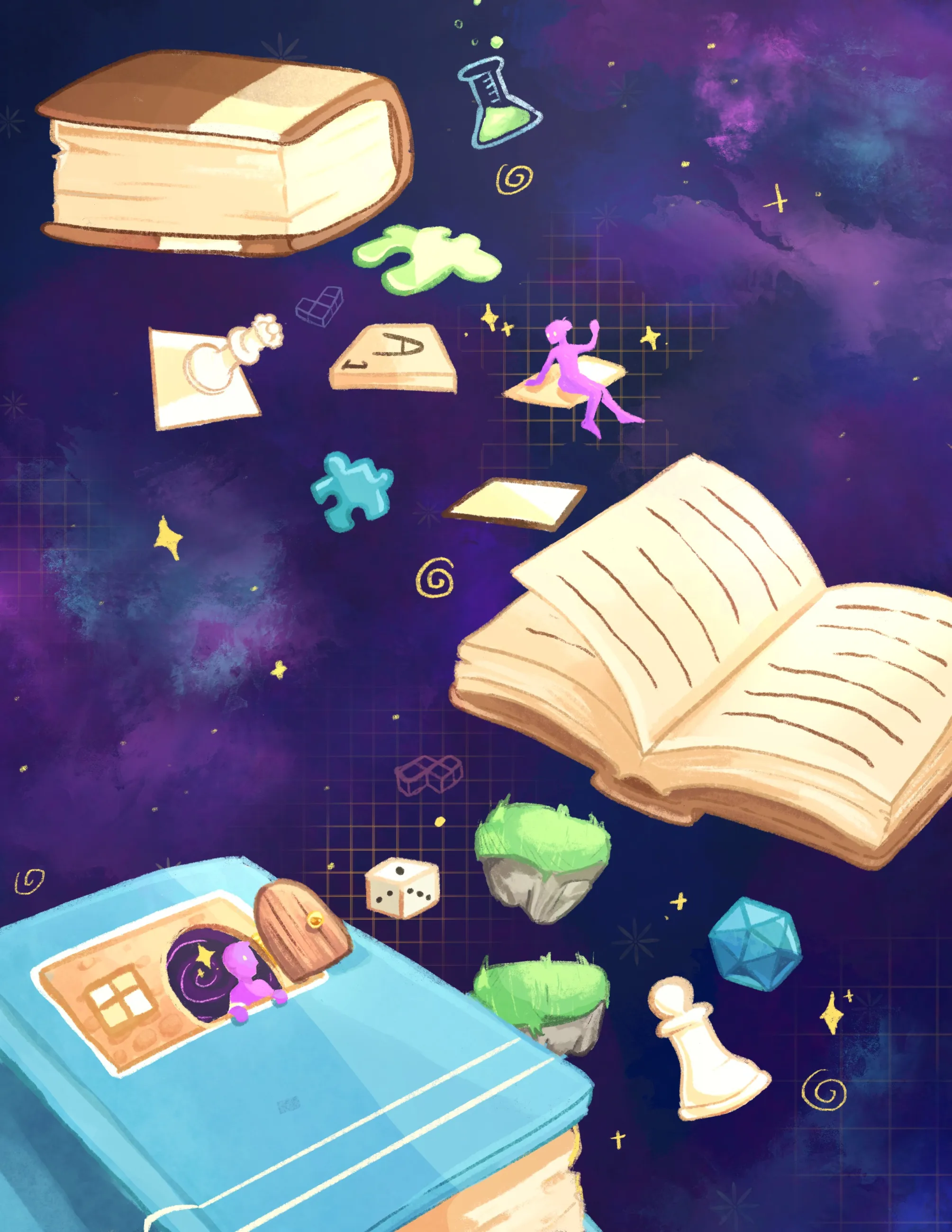 Digital illustration of books, game pieces, and puzzle pieces floating in space.