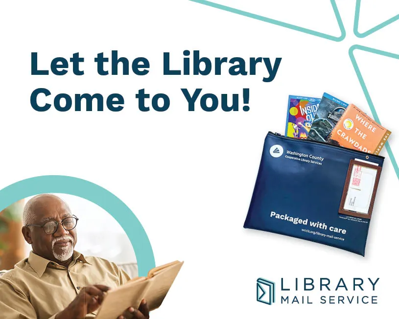 Advertisement for Library Mail Service with an older man reading a LMS bag.