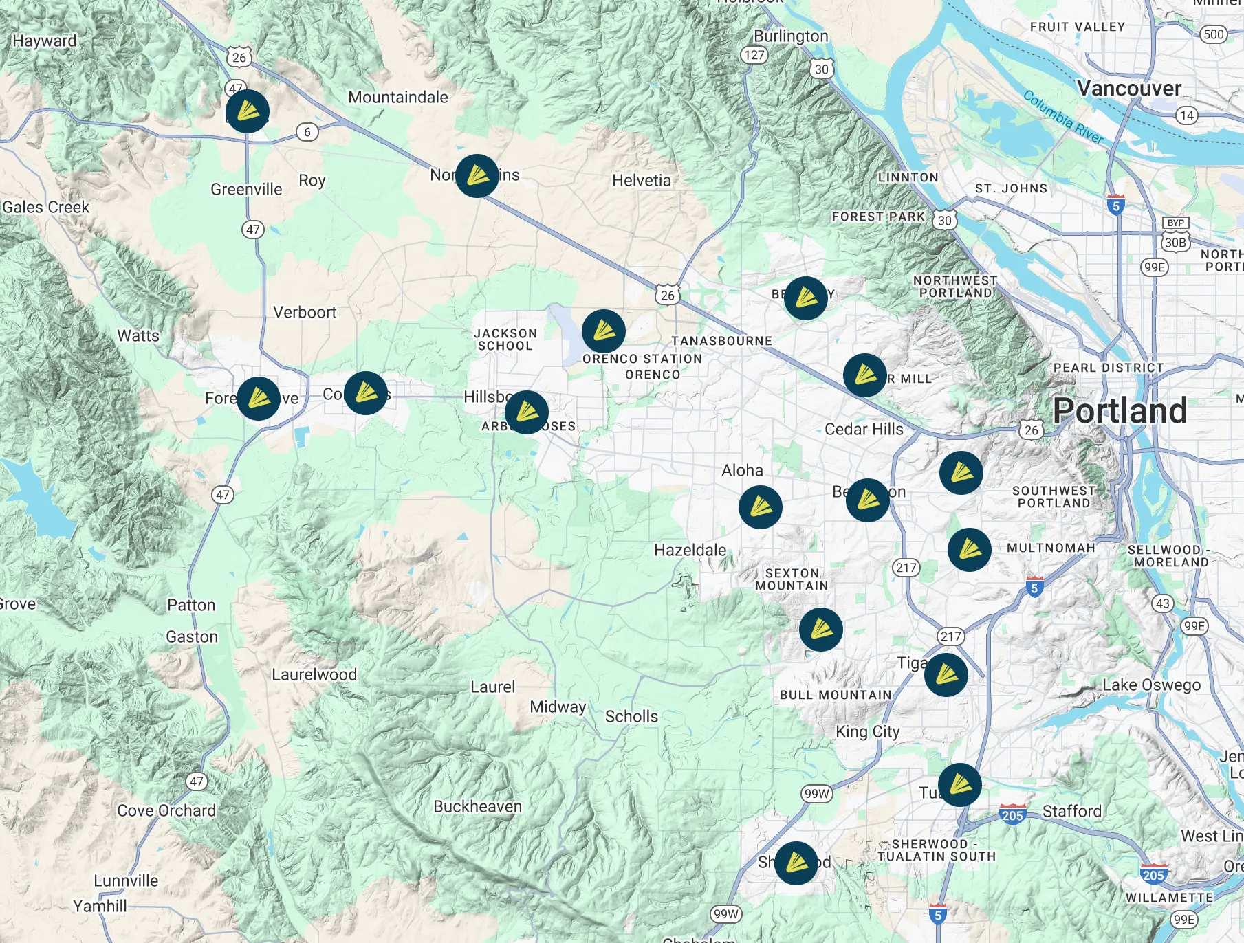 screengrab of Google map showing location of all WCCLS libraries