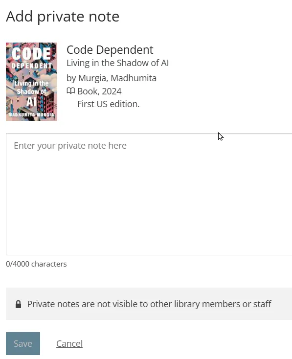 Screenshot showing the step 2 of adding a private note to a hold in a patron's library account. There is a field where you can "enter your private note here".