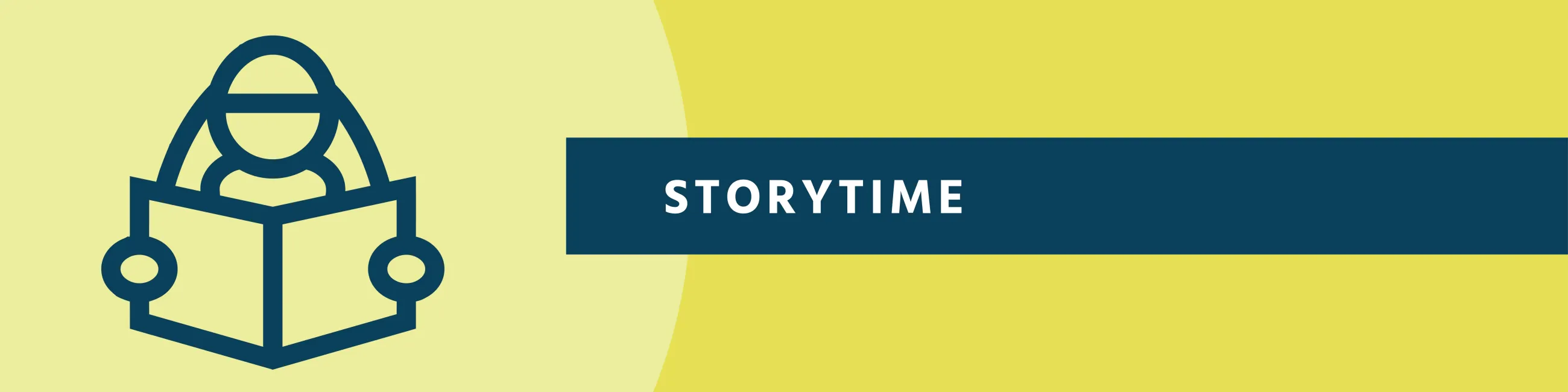 icon of person reading a book, on a yellow background, with the word Storytime.