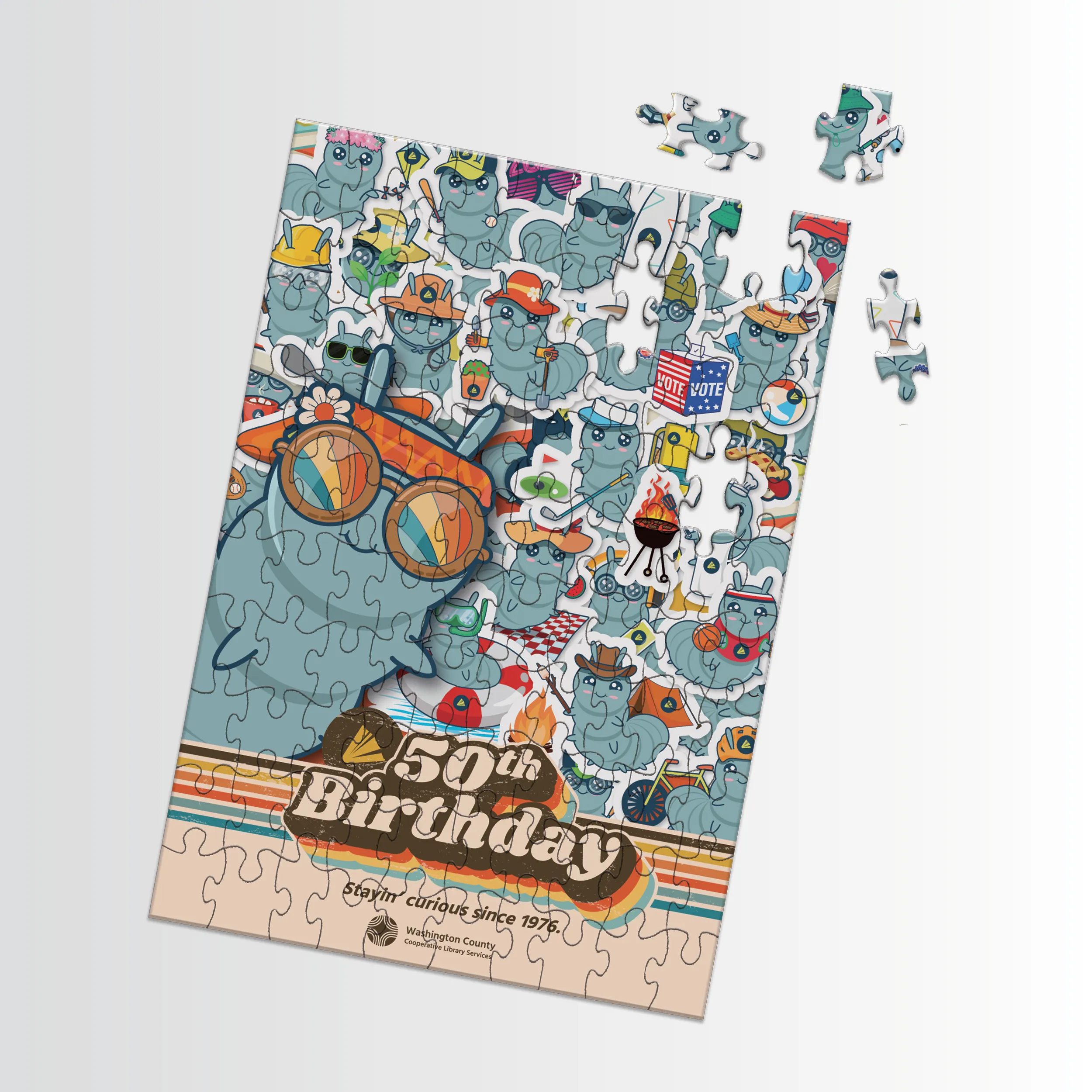 Jigsaw puzzle with variations of Wallace the Book Bug on it. Also includes branding promoting WCCLS' 50th Birthday.