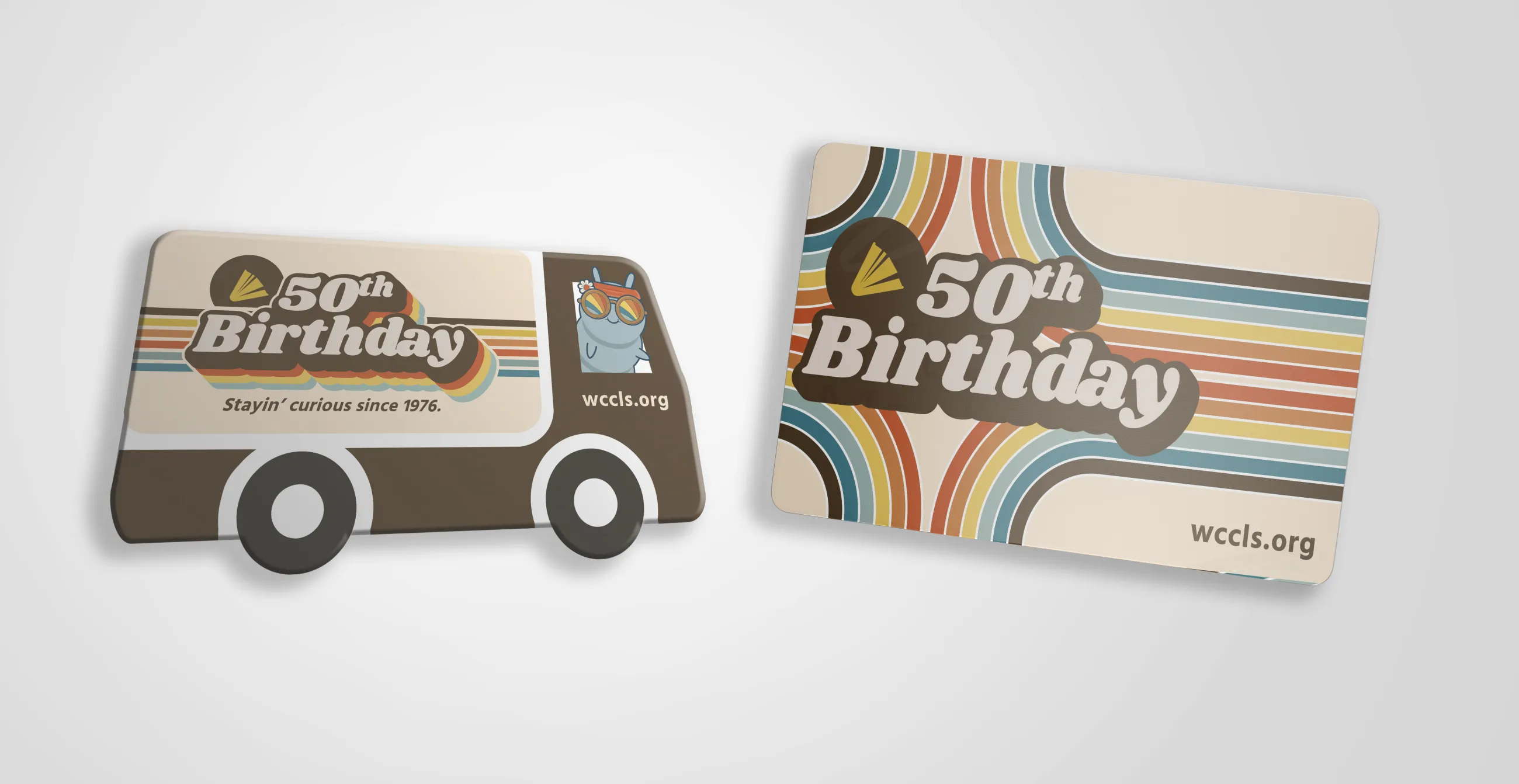 Mock up of 2 limited edition library cards celebrating WCCLS' 50th Birthday.