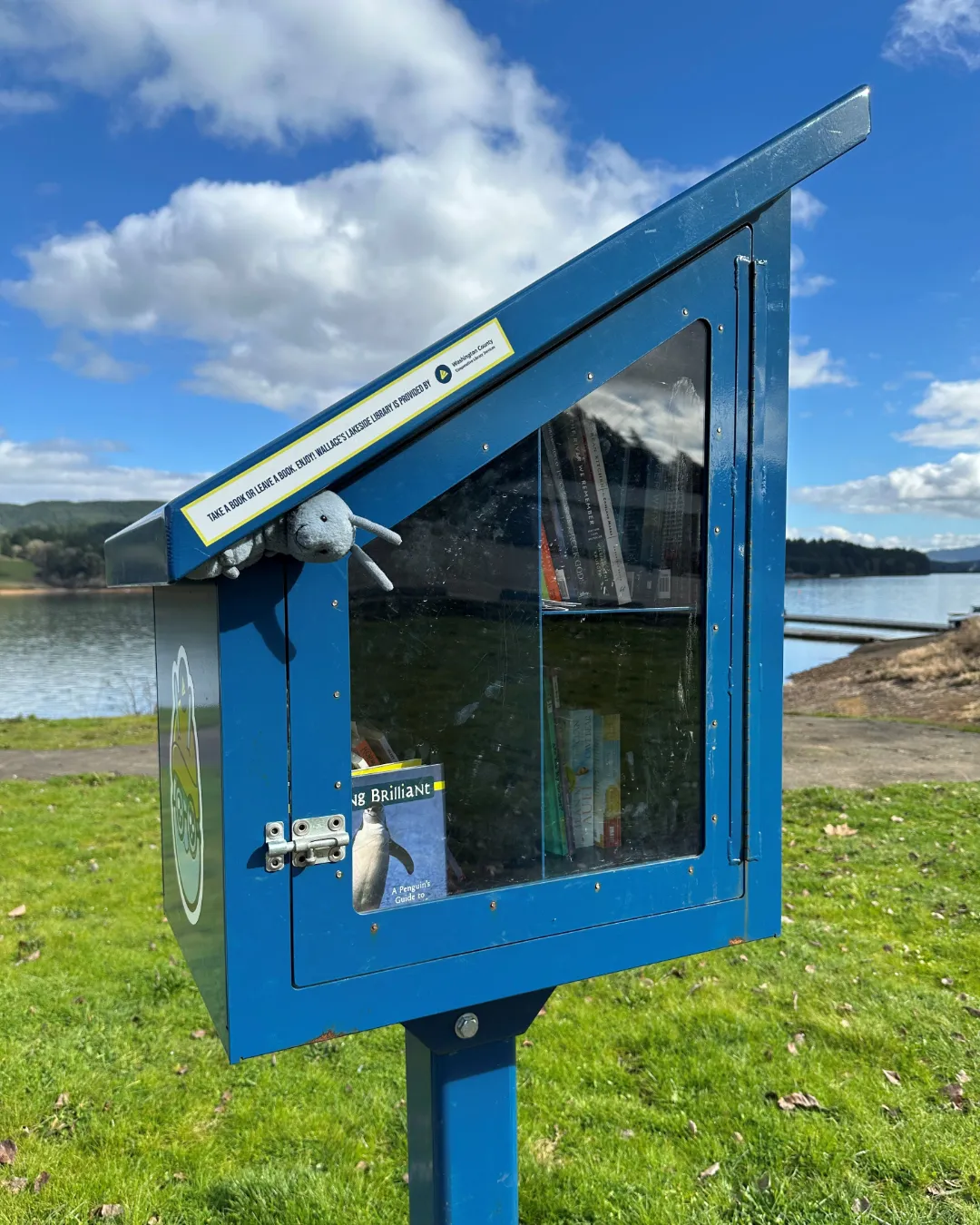 Wallace's Lakeside Library located at C-Ramp at Hagg Lake. It is a blue tiny library with a steep pitched roof and a glass window pane. Wallace is peeking out from underneath the roof.
