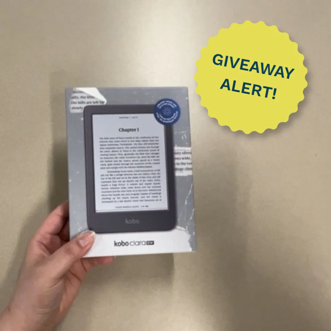 Photo of Kobo Clara BW with a yellow burst in the upper right-hand corner that says "Giveaway Alert!" in navy blue text.