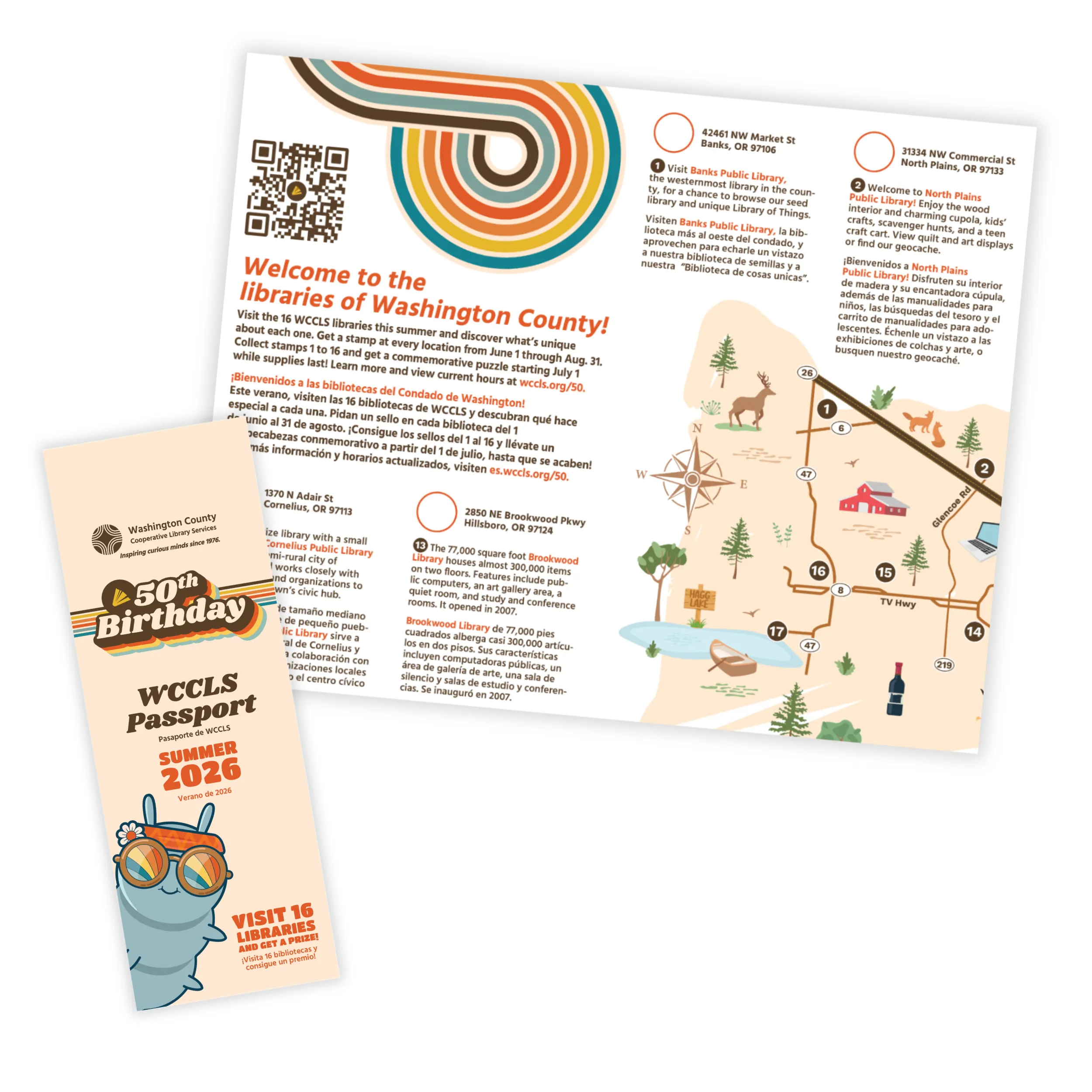 Mock up of WCCLS' 50th Birthday passport. Collect stamps from the 16 WCCLS member libraries for a chance to win a prize. Activity runs June 1 through August 31 2026.