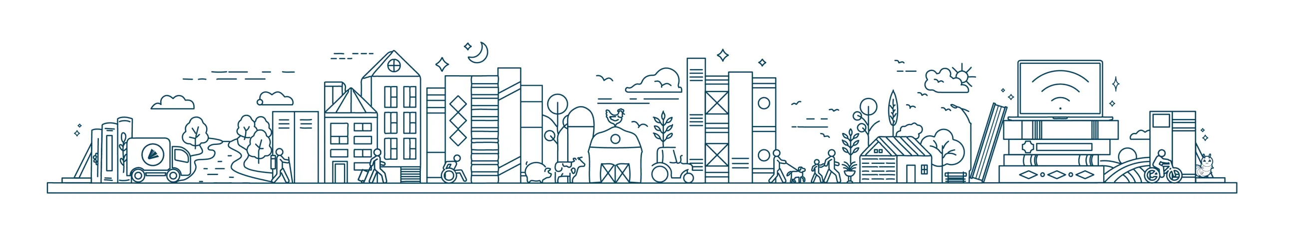 Line drawing of city and country skyline with books representing buildings.