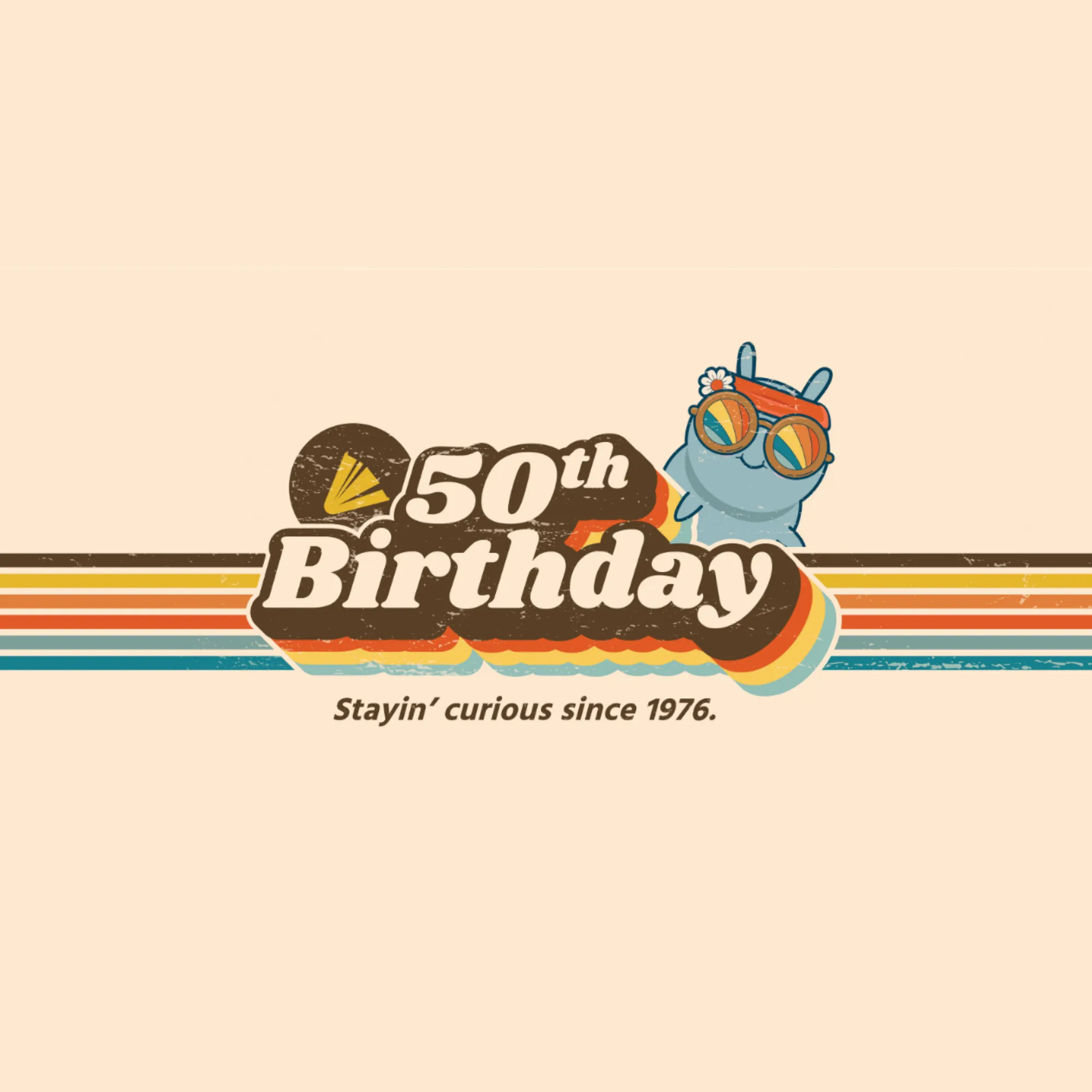 WCCLS 50th Birthday logo in tan and brown bubble font with tagline "Stayin' curious since 1976" underneath it. Rainbow stripe going through the center background, a brown and yellow WCCLS favicon in the left corner, and Wallace the Book Bug in the right corner. He is wearing rainbow retro sunglasses, an orange headband, and a white flower.