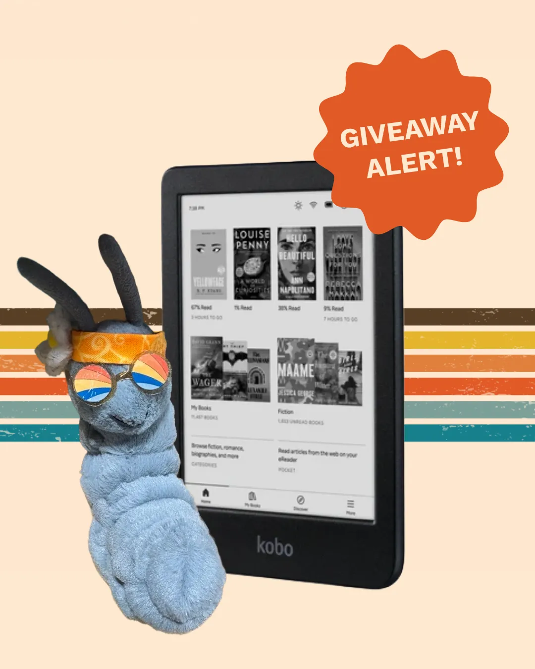 Wallace the Book Bug wearing rainbow sunglasses, orange headband, and white flower, standing next to a Kobo Clara BW. There is an orange burst in the upper right-hand corner with text inside "Giveaway Alert!".