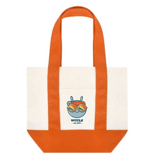Mini tote with orange handle and Retro Wallace the Book Bug on the front pocket.