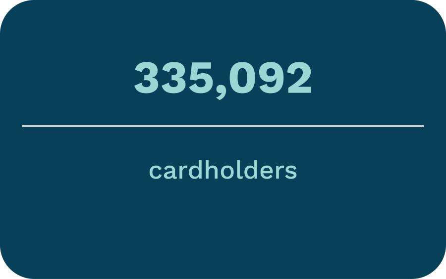Blue rectangle with teal text in it. Text says "335,092 cardholders".