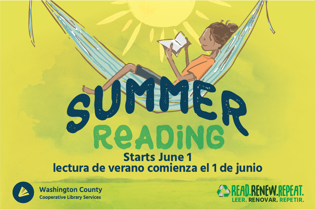 niña en una hamaca leyendo, con texto: Summer Reading comienza el 1 de junio, Lectura de verano comienza el 1 de junio
