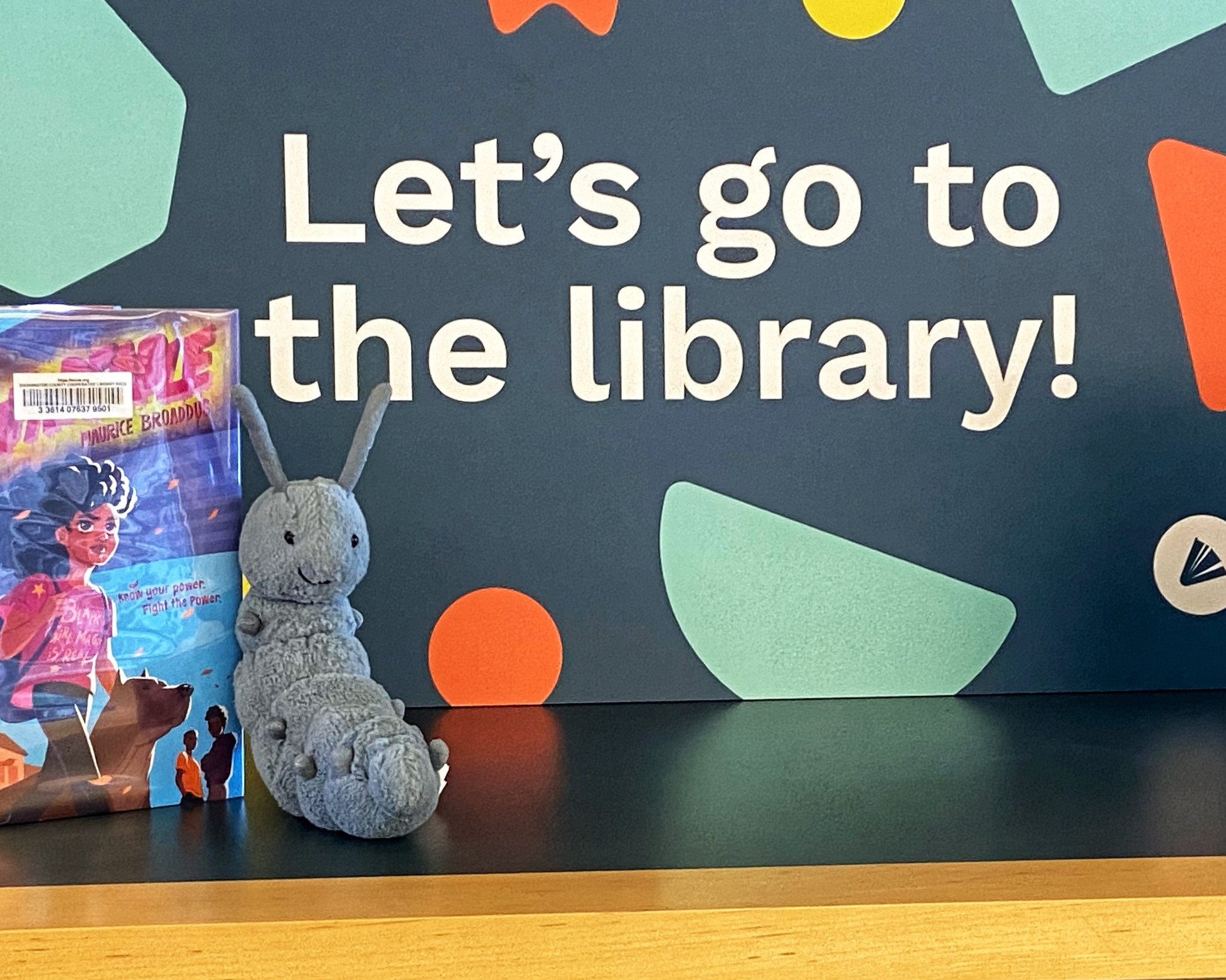 Small plush bug sits on a bookshelf next to a YA book.