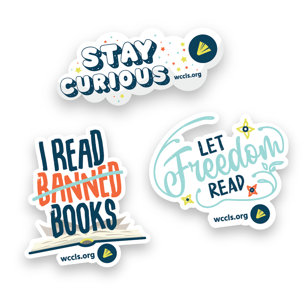 Stickers celebrating intellectual freedom and Banned Books Week.