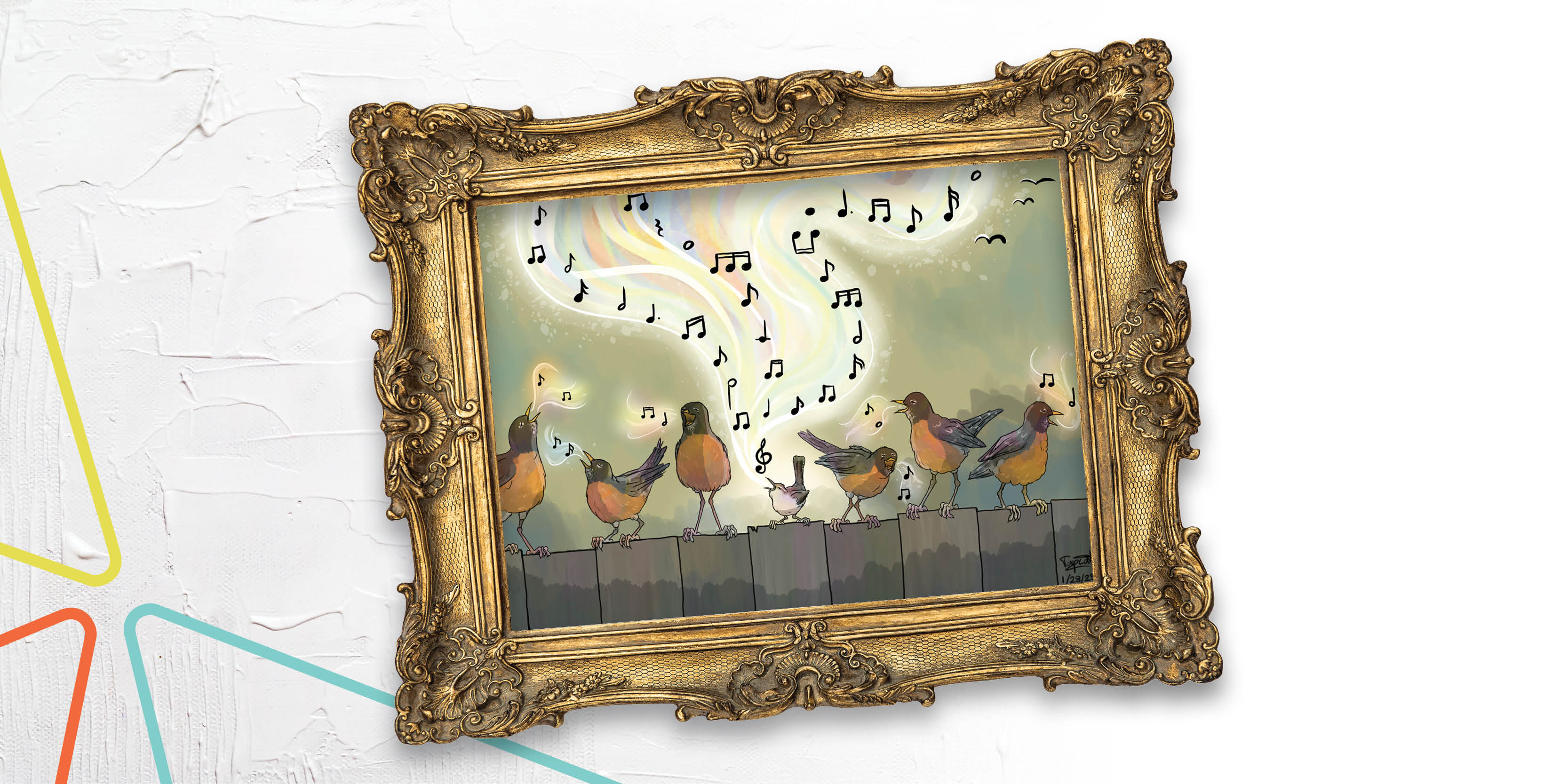 Framed illustration of birds singing, the winning artwork of the 2023 Teen Art Contest