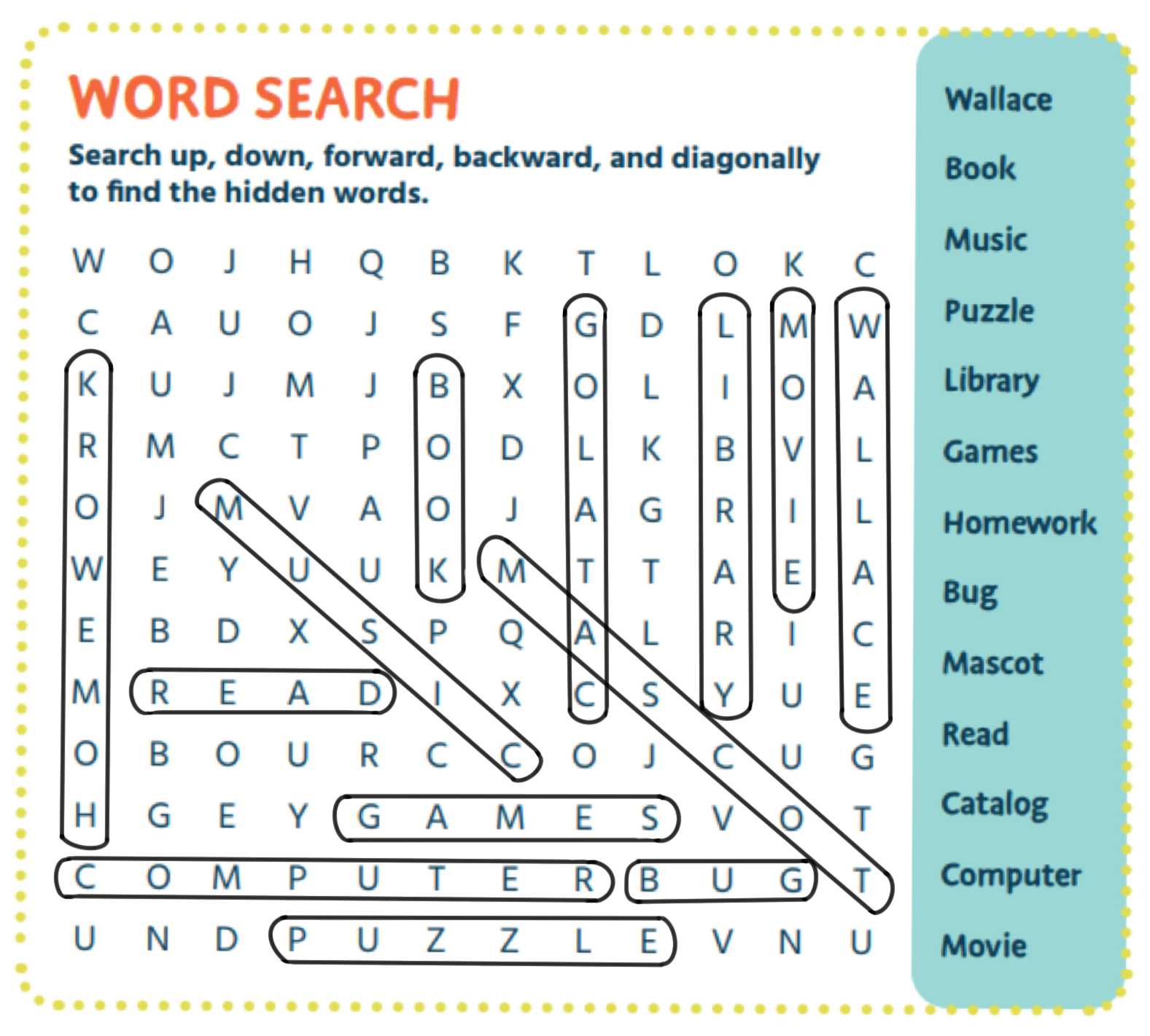 Graphic showing circled answers to the word search.